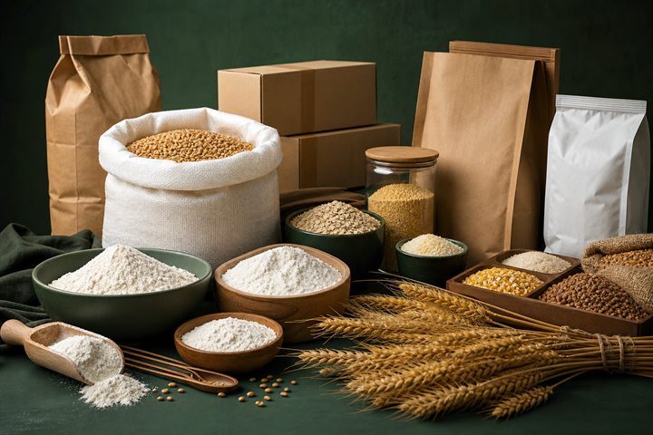 Grain, flour and dry processed products